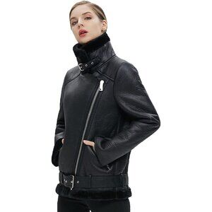 Women Black Faux Shearling Moto Jacket Thick Lined Winter Leather Coat
